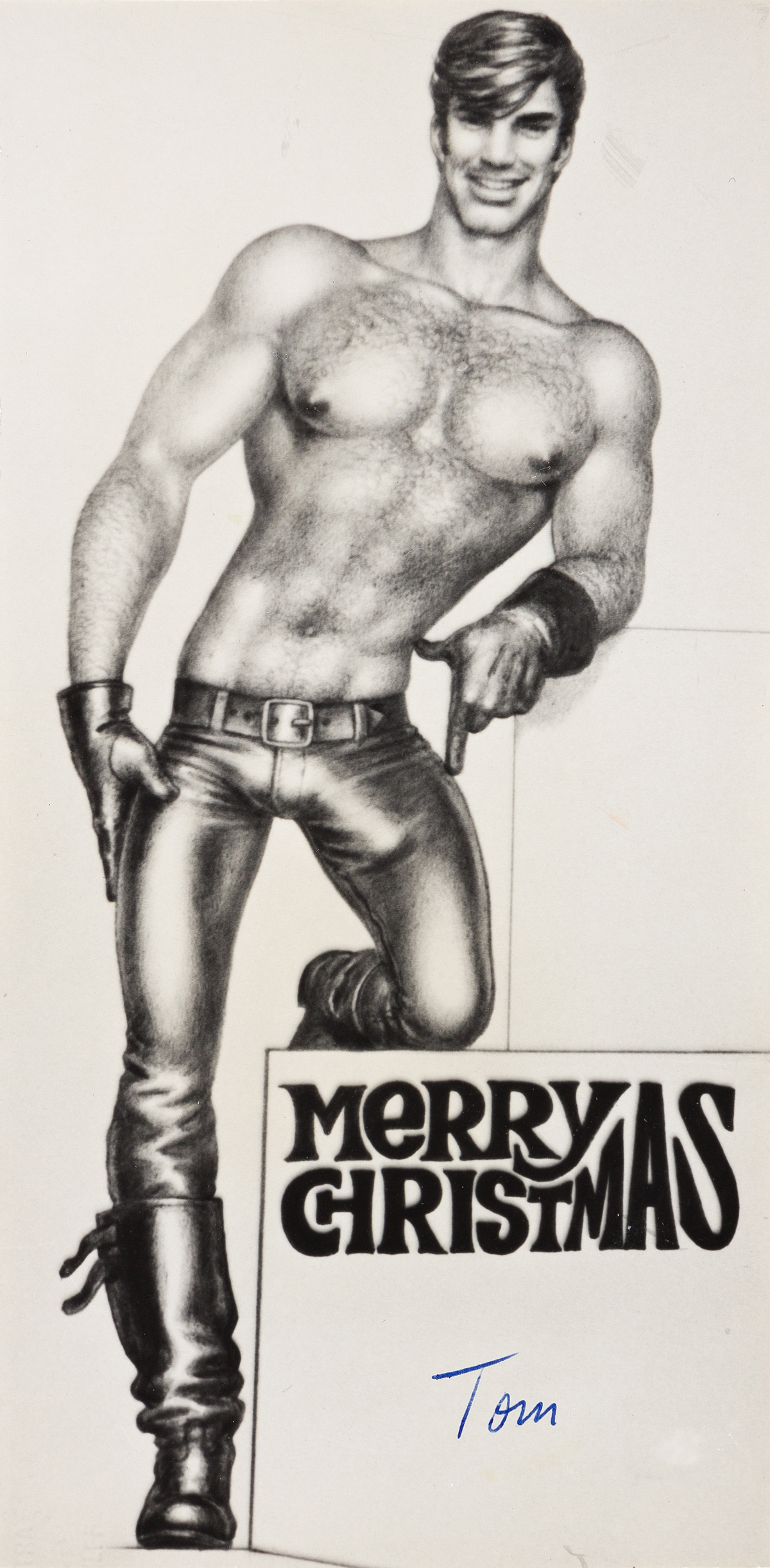 TOM OF FINLAND (1920-1991) Two Photographs Signed, Tom, each a reproduction of one of his graphite drawings showing a shirtless man i
